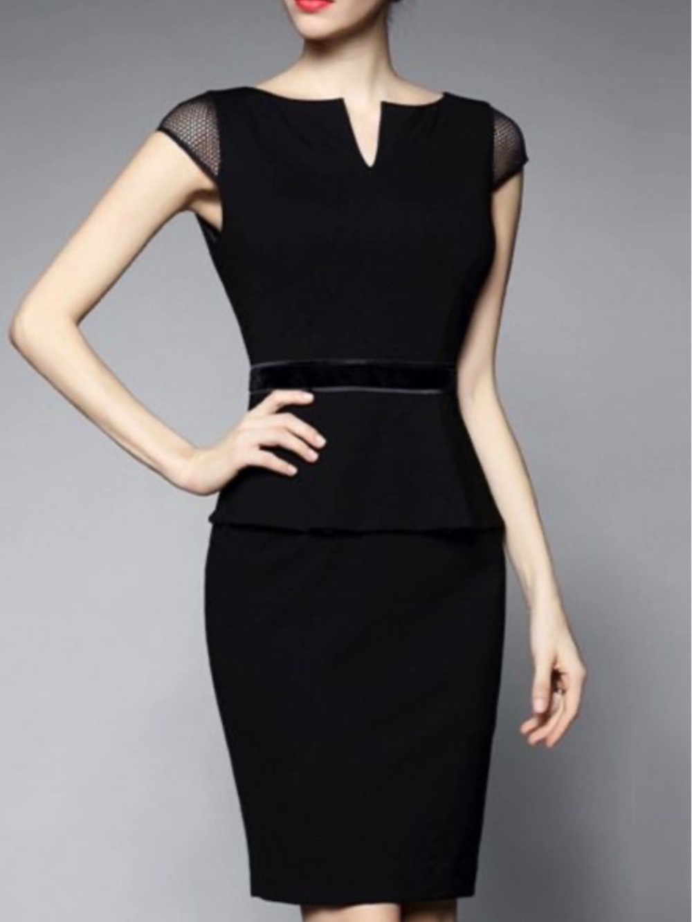 Gyalwana Black Peplum Waist Cap Sleeve Sheath Dress